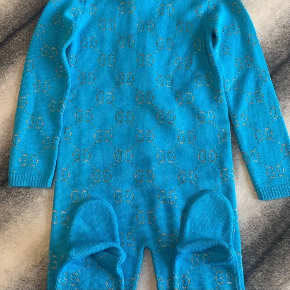 Gucci Double G Long Sleeve All In One One Piece GG Logo Gold Turquoise Onesie